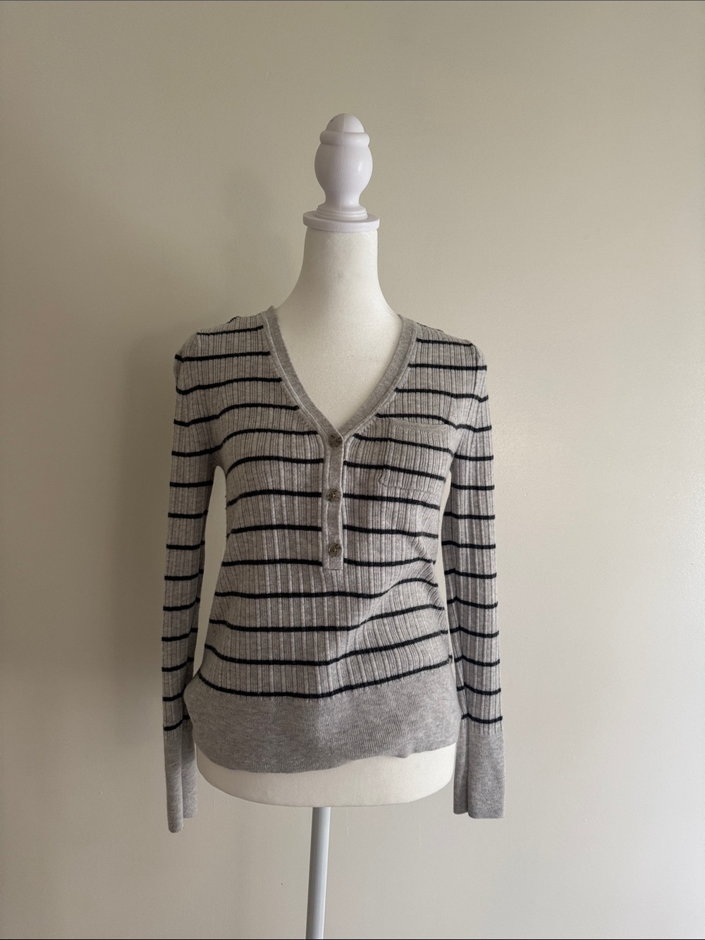 GAP Light Gray and Black Striped V-Neck Henley Sweater